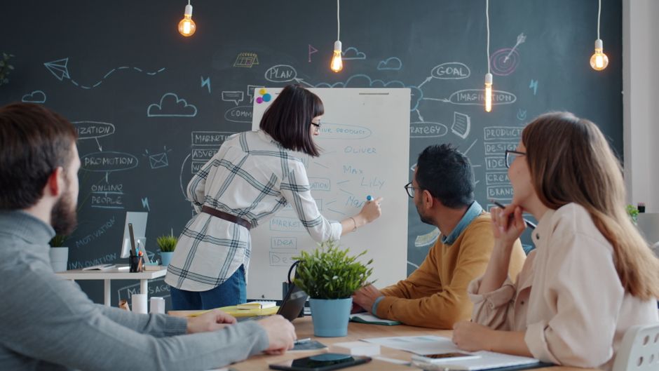 Team pressure-testing an idea together at a whiteboard